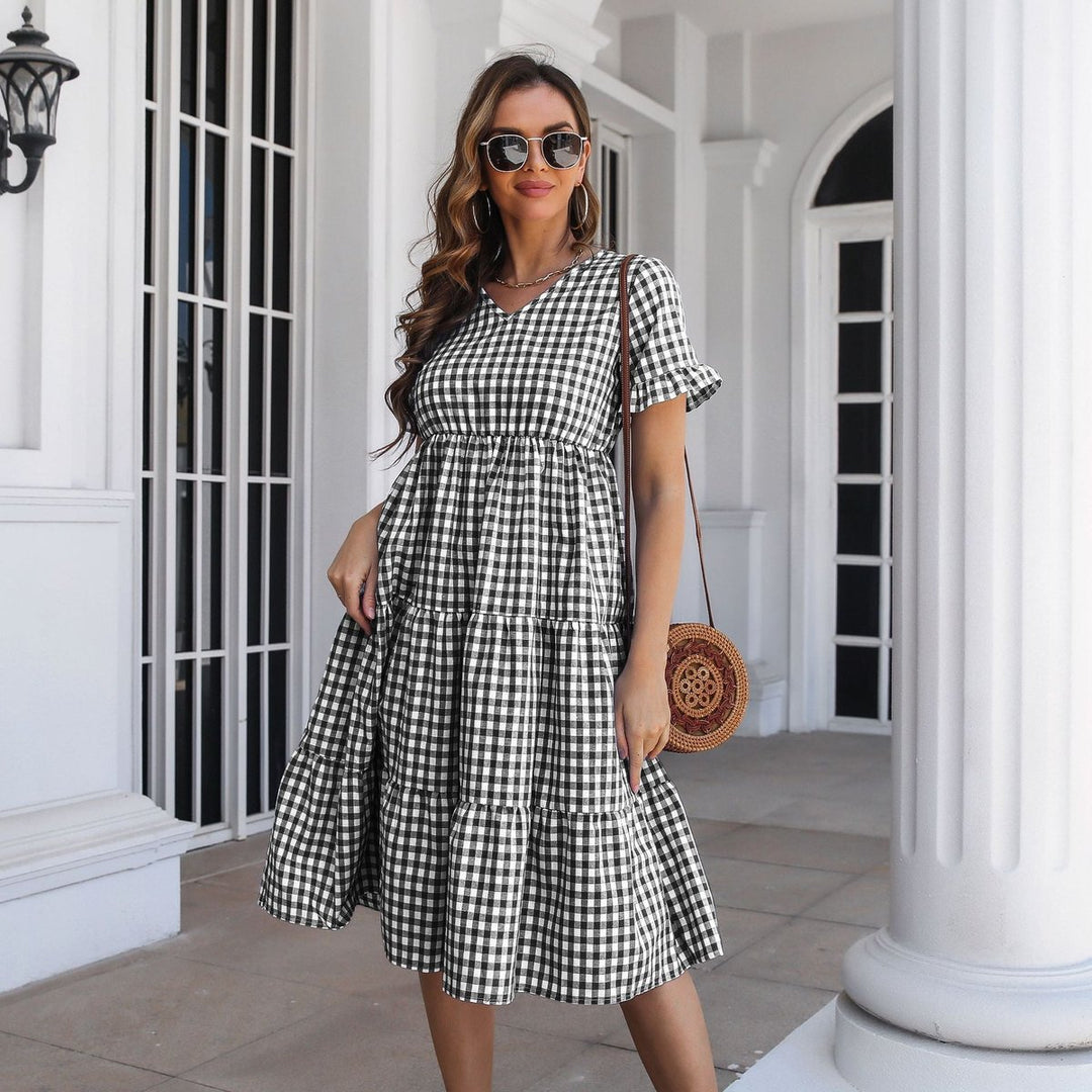 Women's Gingham Tiered Ruffle-Sleeve Fall Midi Dress