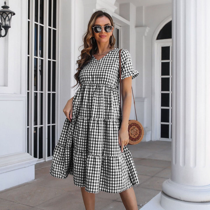 Women's Gingham Tiered Ruffle-Sleeve Fall Midi Dress