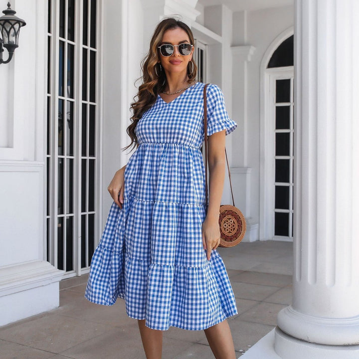 Women's Gingham Tiered Ruffle-Sleeve Fall Midi Dress