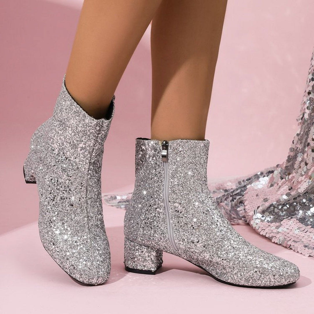 Women's Glitter Block-Heel Side-Zip Ankle Boots