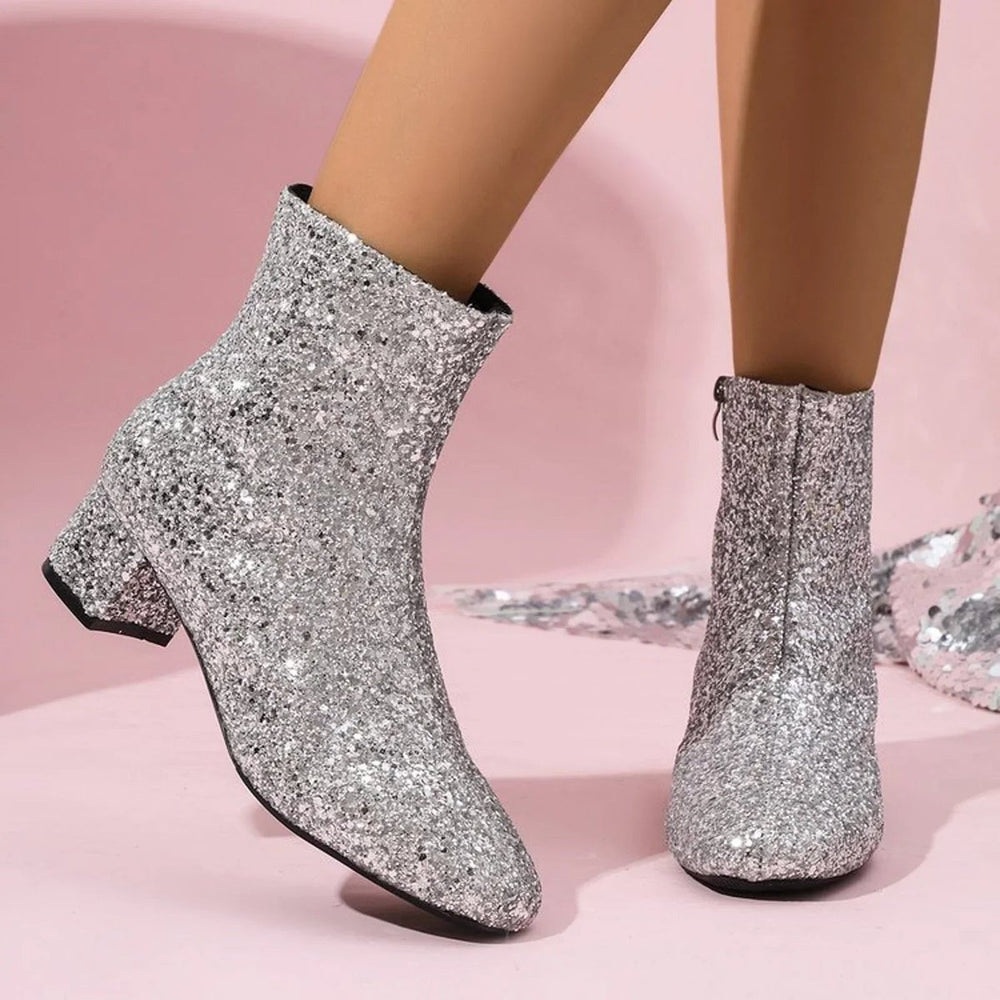 Women's Glitter Block-Heel Side-Zip Ankle Boots