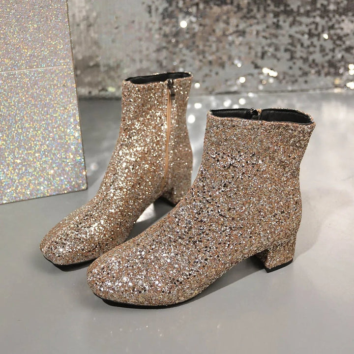Women's Glitter Block-Heel Side-Zip Ankle Boots