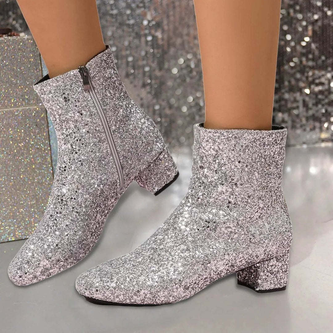Women's Glitter Block-Heel Side-Zip Ankle Boots