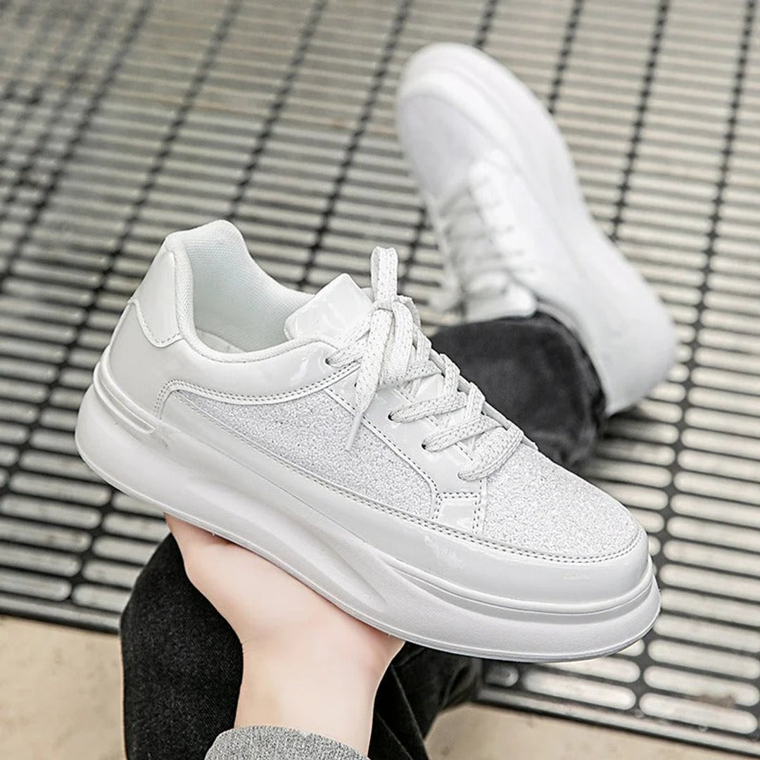 Women's Glitter Lace-Up Platform Sneakers Cushioned Sole - White
