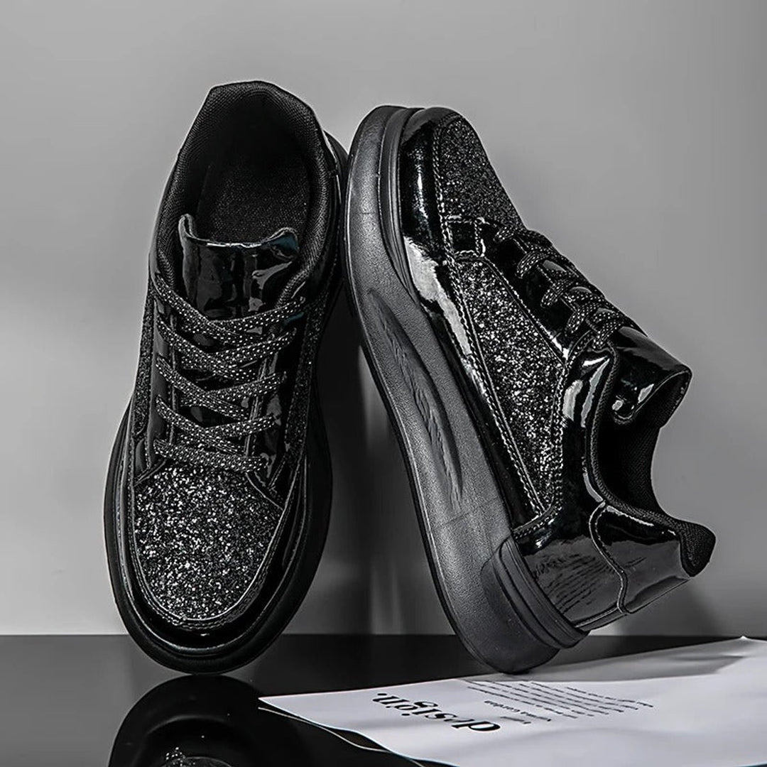 Women's Glitter Lace-Up Platform Sneakers Cushioned Sole - Black