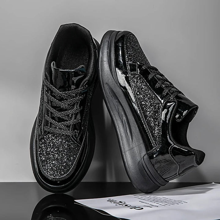 Women's Glitter Lace-Up Platform Sneakers Cushioned Sole - Black