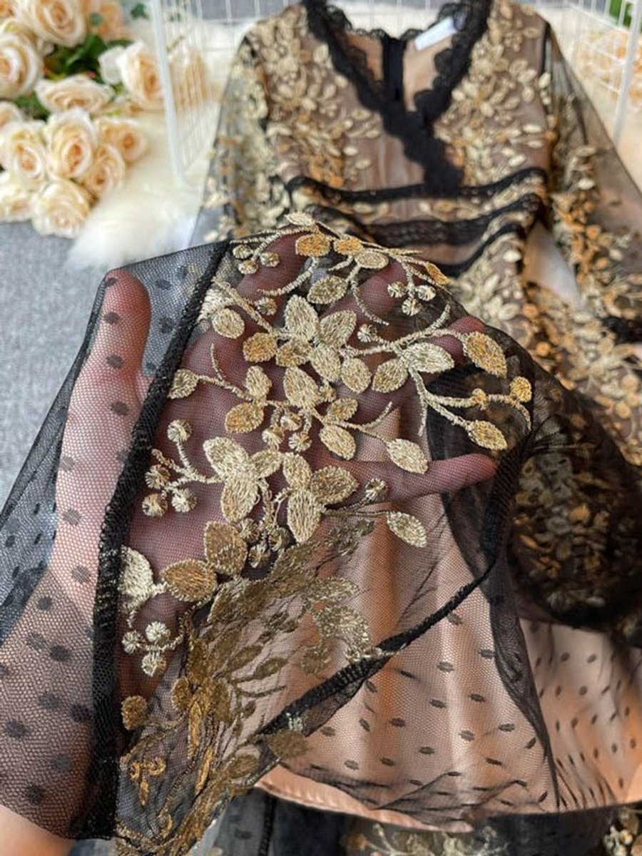 Women's Gold Floral Embroidered Lace V-Neck Fall Midi Dress