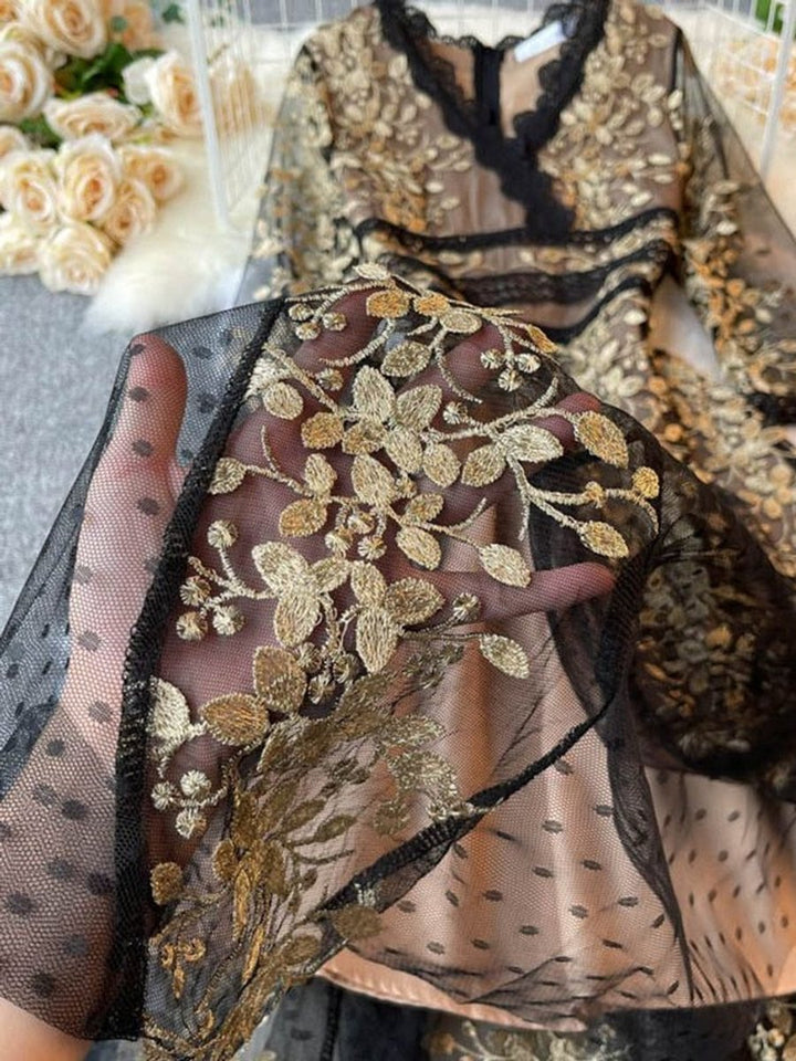 Women's Gold Floral Embroidered Lace V-Neck Fall Midi Dress