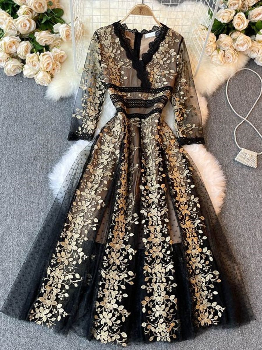 Women's Gold Floral Embroidered Lace V-Neck Fall Midi Dress