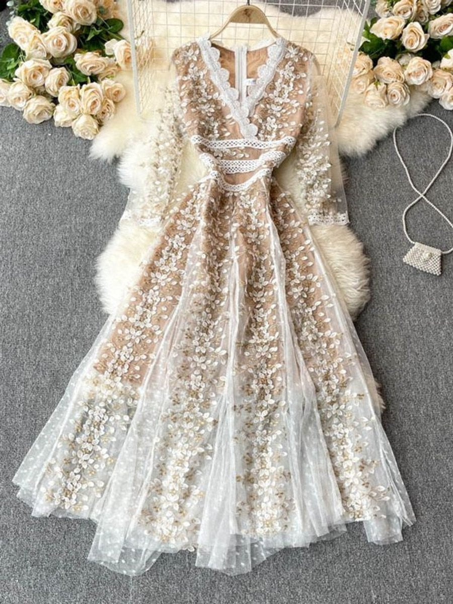 Women's Gold Floral Embroidered Lace V-Neck Fall Midi Dress