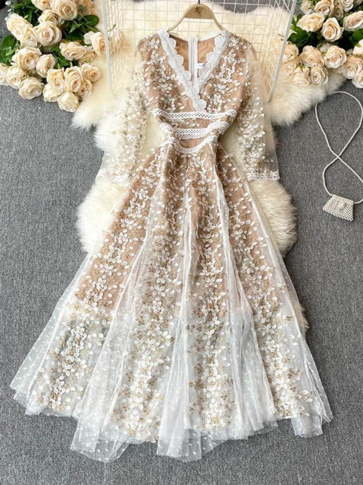 Women's Gold Floral Embroidered Lace V-Neck Fall Midi Dress
