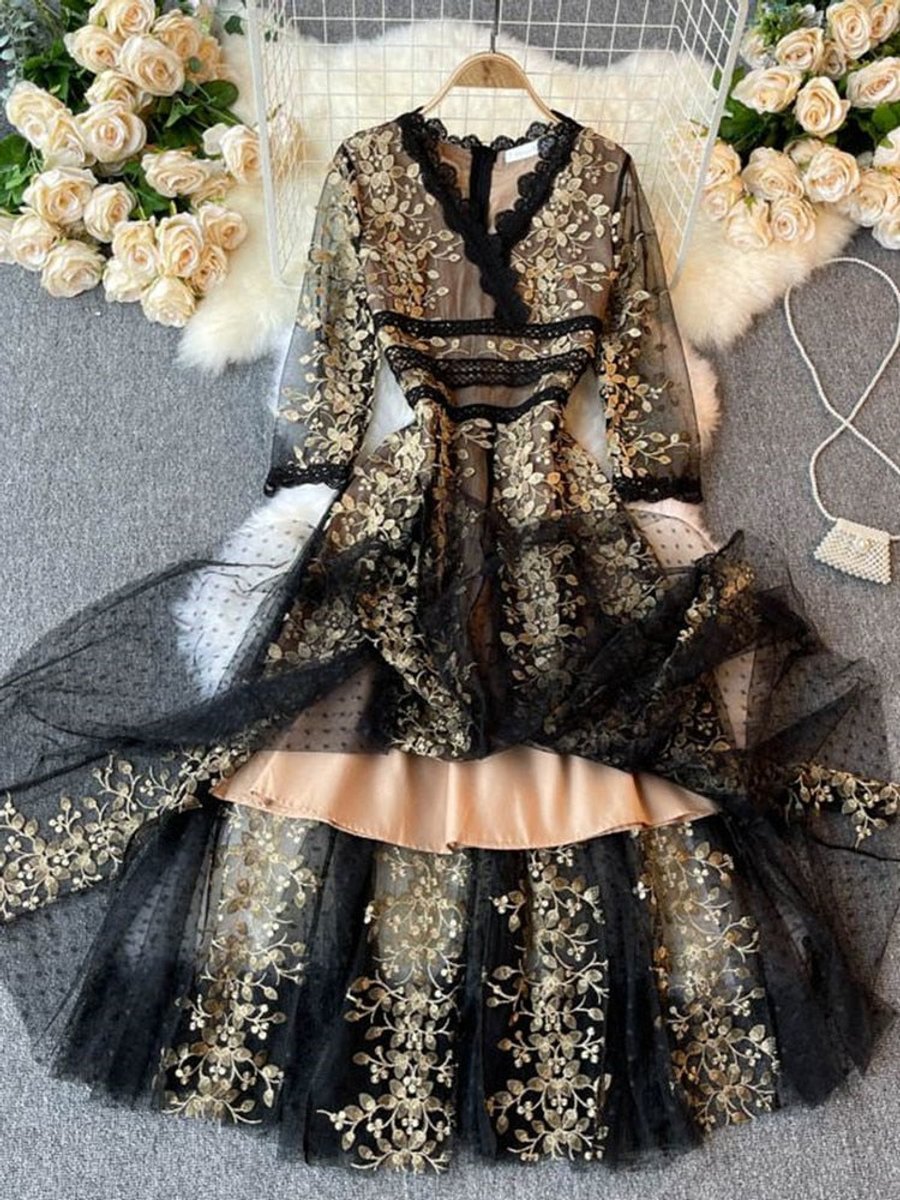 Women's Gold Floral Embroidered Lace V-Neck Fall Midi Dress
