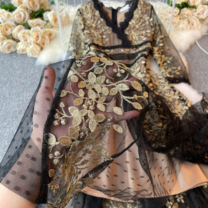 Women's Gold Floral Embroidered Lace V-Neck Fall Midi Dress