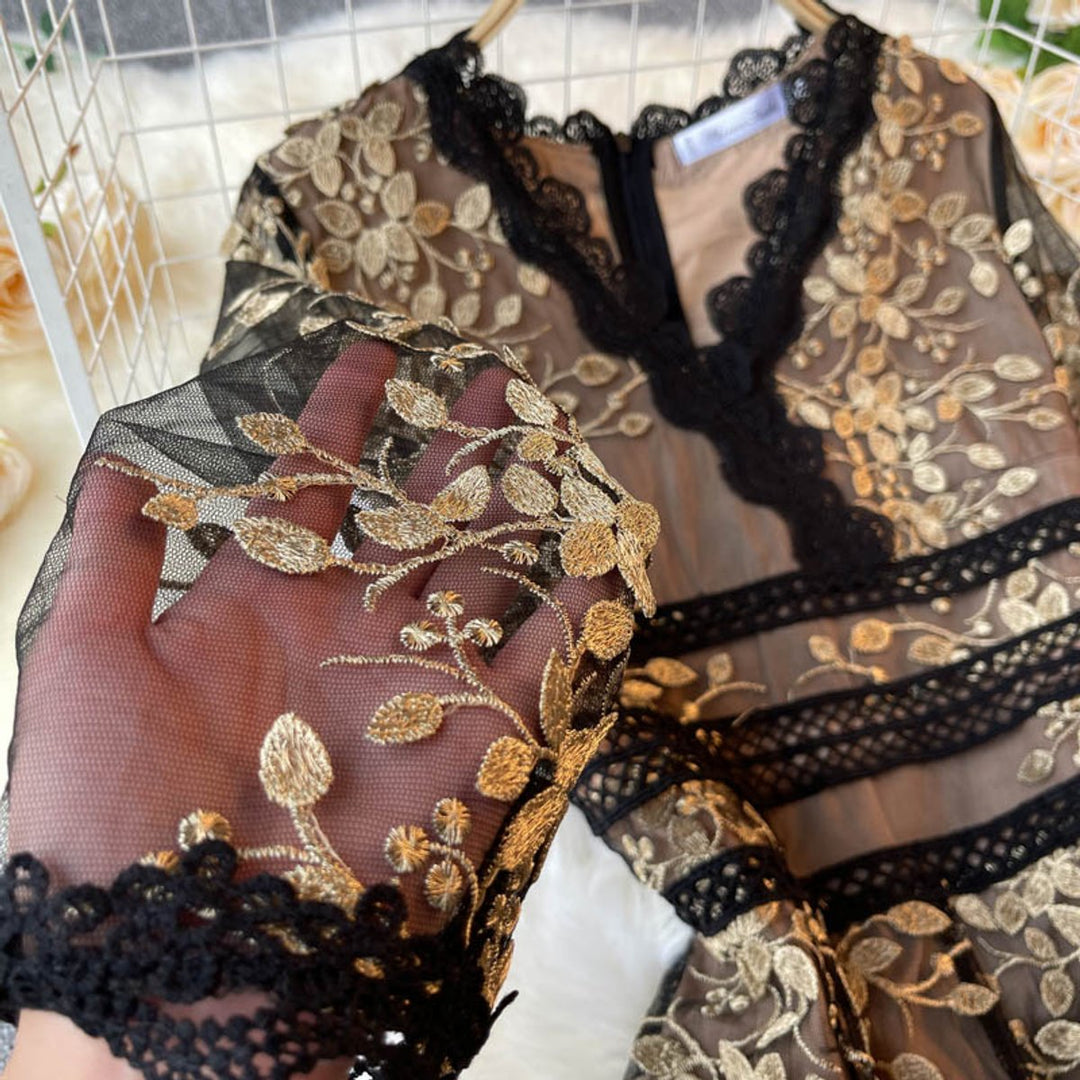 Women's Gold Floral Embroidered Lace V-Neck Fall Midi Dress