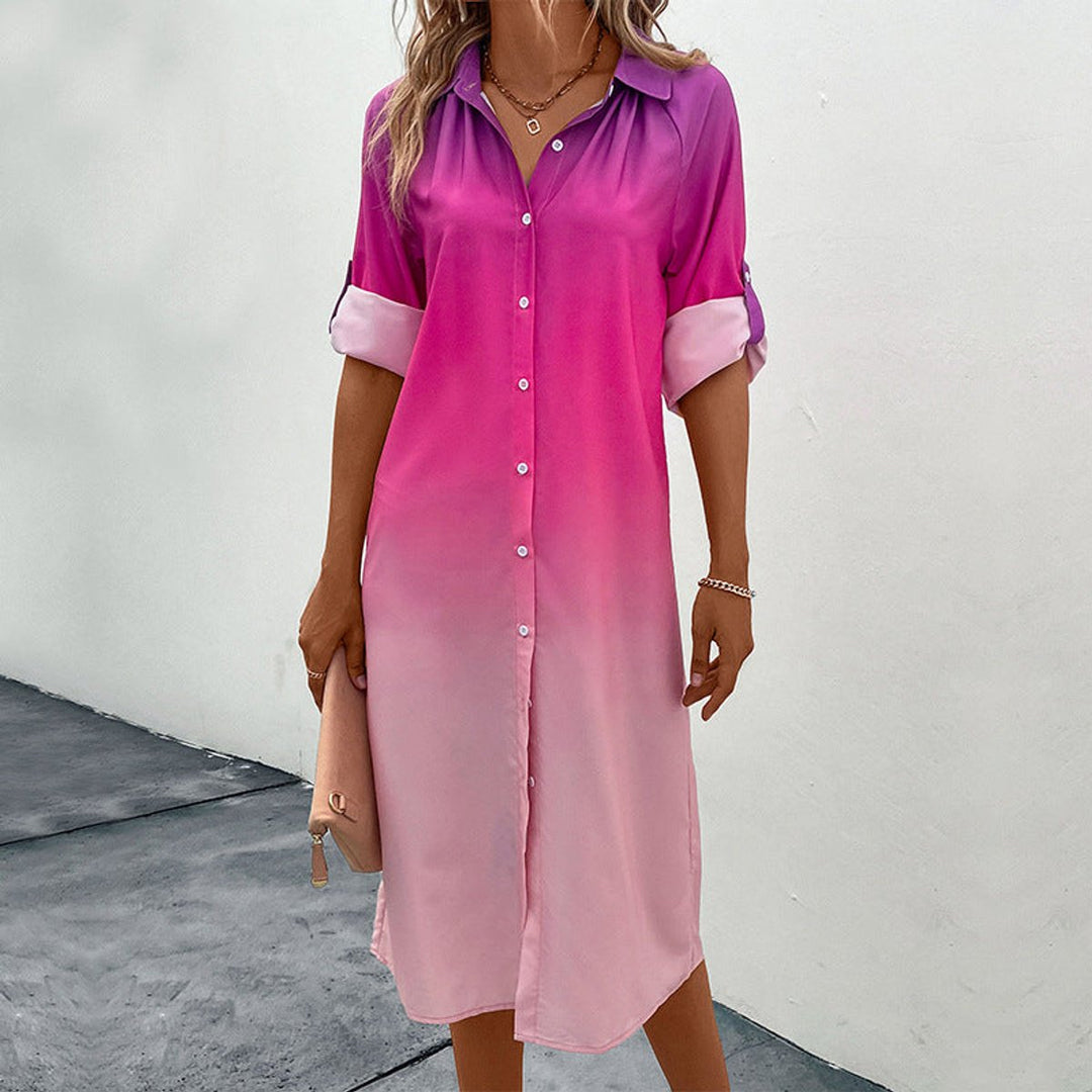 Women's Gradient Button-Down Shirt Fall Midi Dress