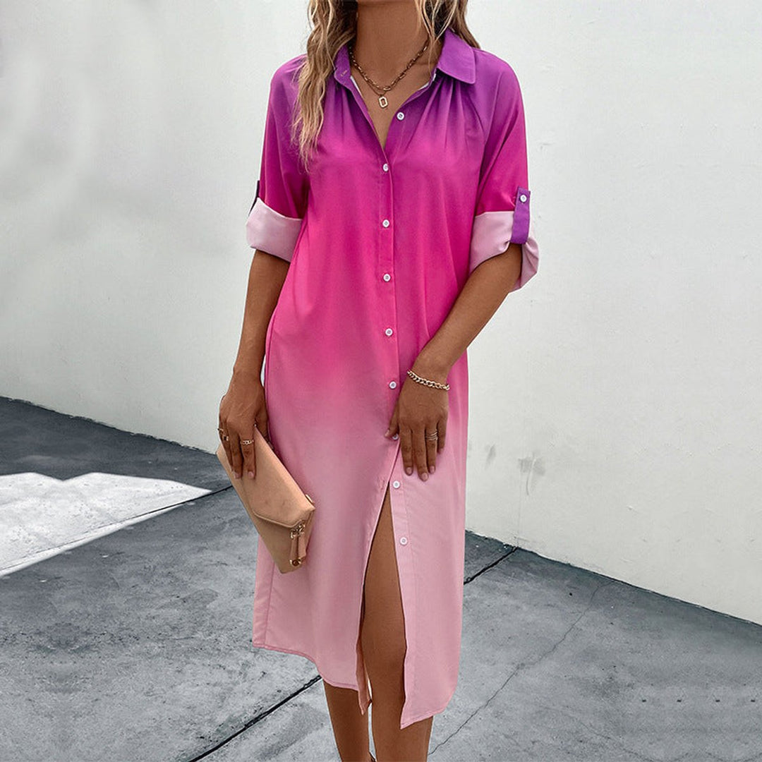 Women's Gradient Button-Down Shirt Fall Midi Dress