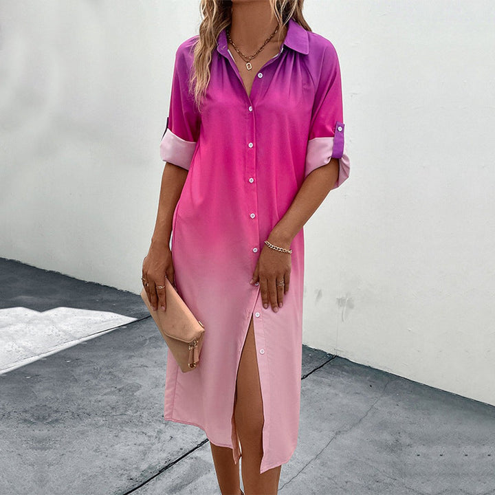Women's Gradient Button-Down Shirt Fall Midi Dress