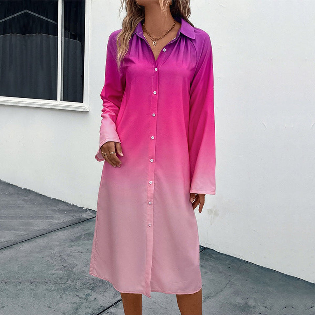Women's Gradient Button-Down Shirt Fall Midi Dress