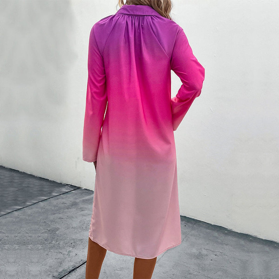 Women's Gradient Button-Down Shirt Fall Midi Dress