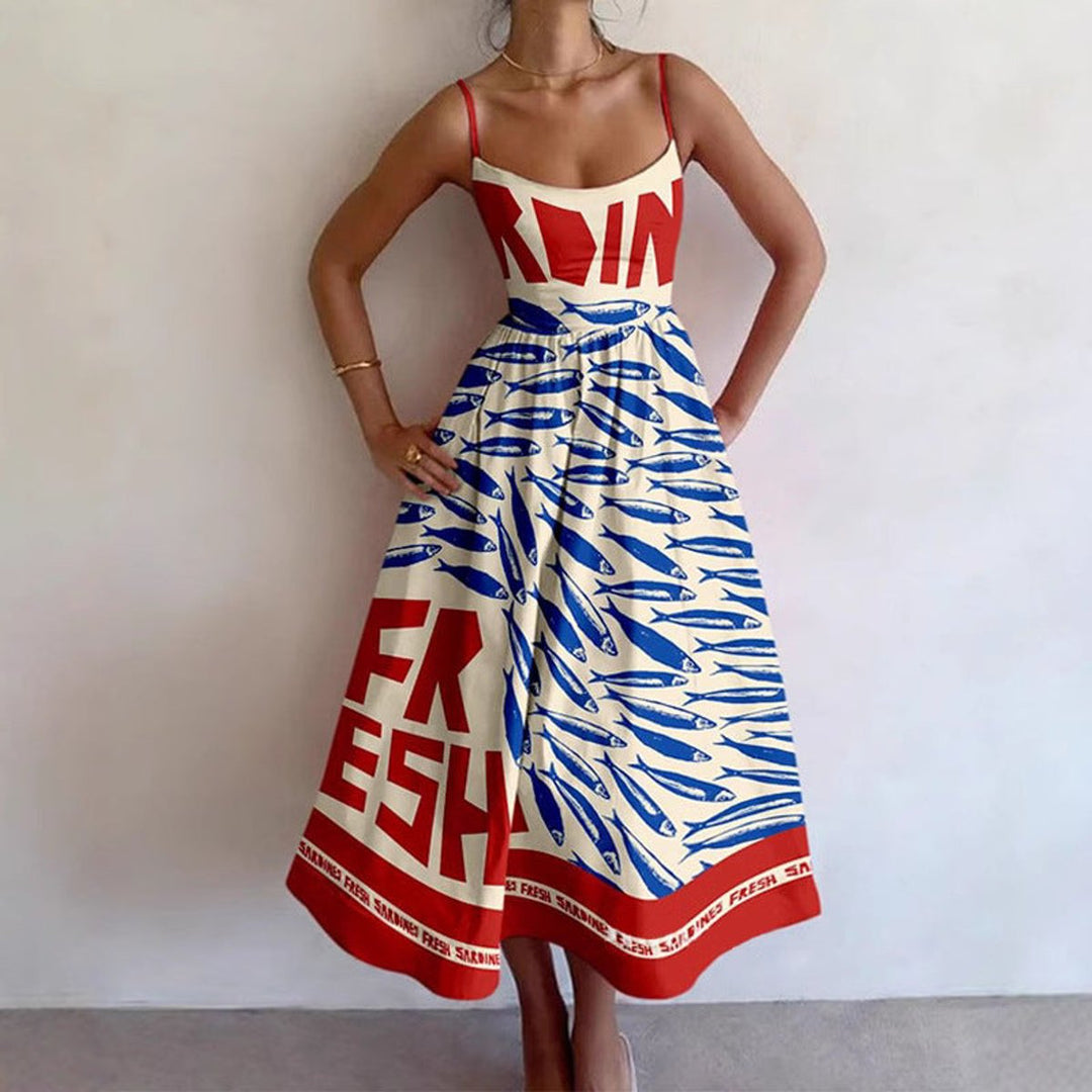 Women's Graphic Print Spaghetti Strap Fall Midi Dress Swing Skirt