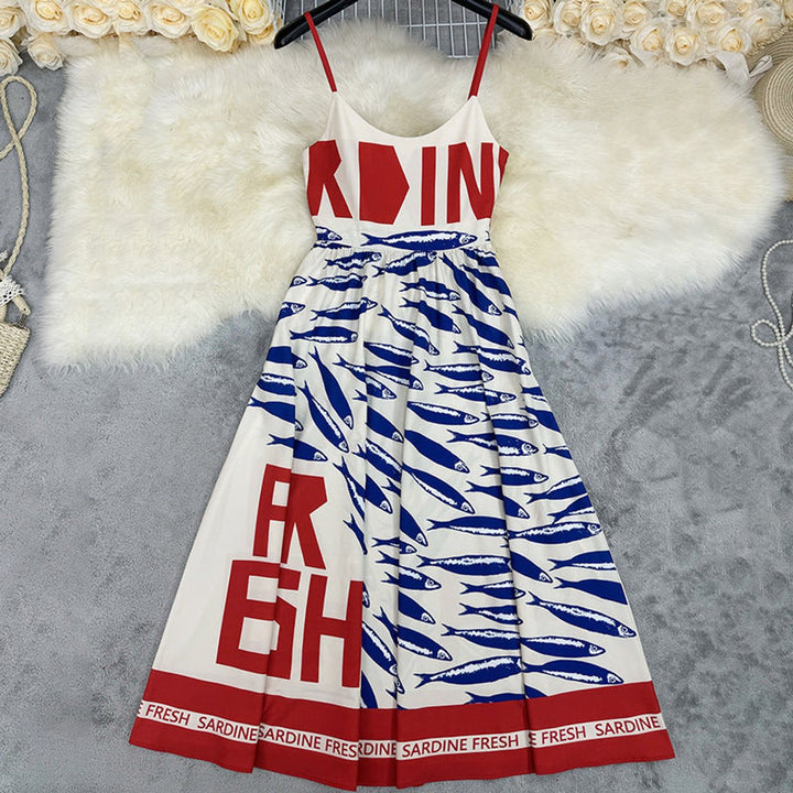 Women's Graphic Print Spaghetti Strap Fall Midi Dress Swing Skirt