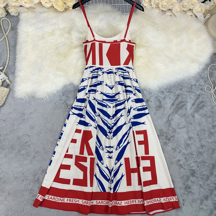 Women's Graphic Print Spaghetti Strap Fall Midi Dress Swing Skirt
