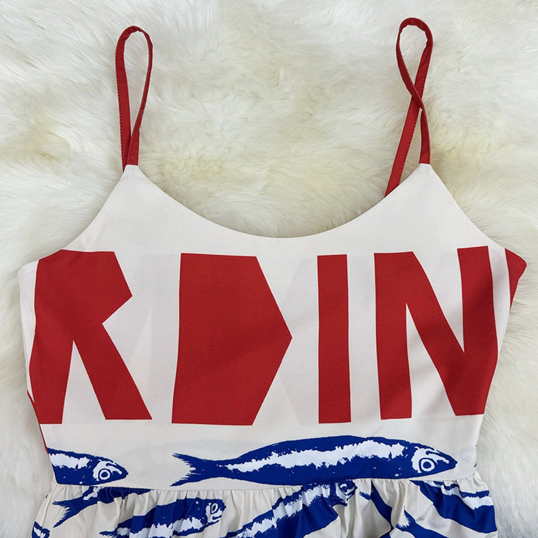 Women's Graphic Print Spaghetti Strap Fall Midi Dress Swing Skirt