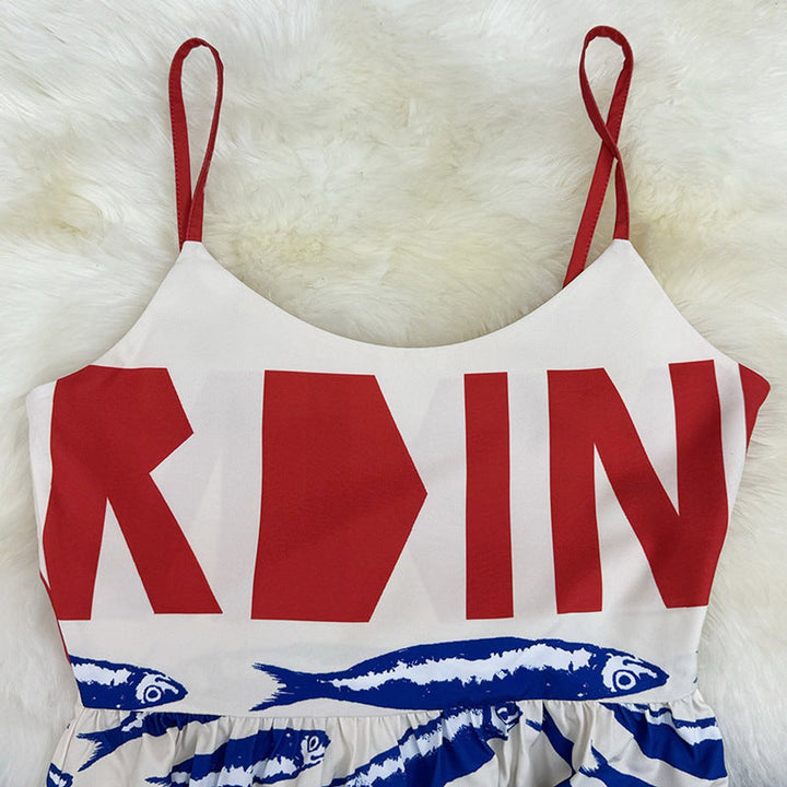 Women's Graphic Print Spaghetti Strap Fall Midi Dress Swing Skirt