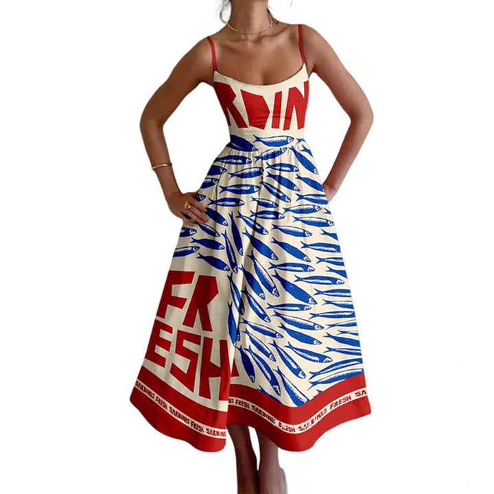 Women's Graphic Print Spaghetti Strap Fall Midi Dress Swing Skirt