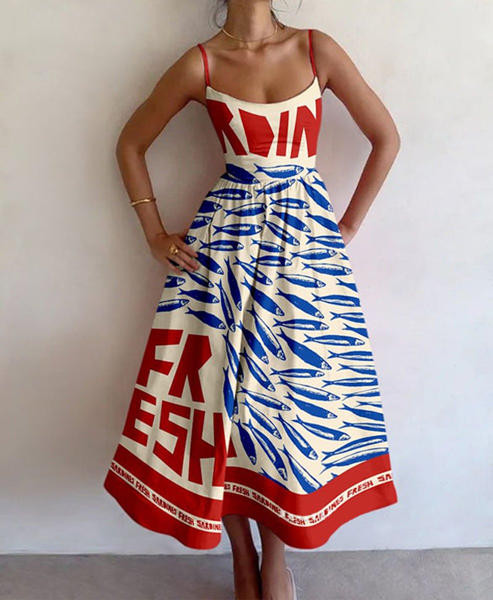Women's Graphic Print Spaghetti Strap Fall Midi Dress Swing Skirt