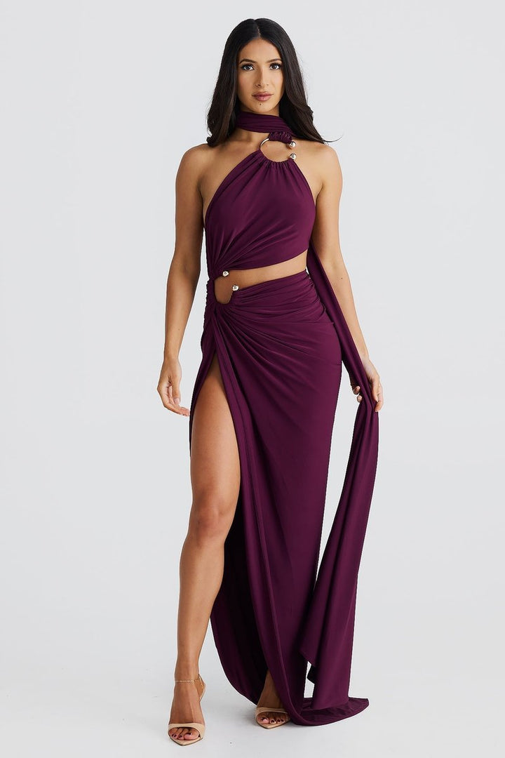 Women's Greek-Inspired Halter Cutout Fall Wedding Guest Dress Maxi