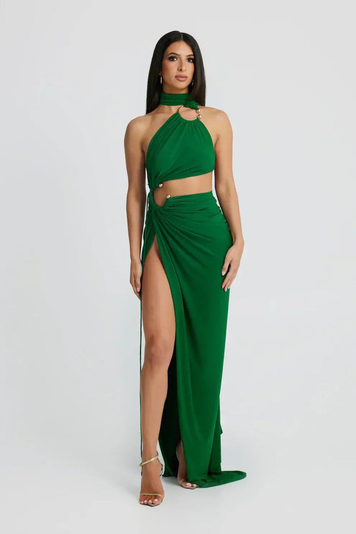 Women's Greek-Inspired Halter Cutout Fall Wedding Guest Dress Maxi