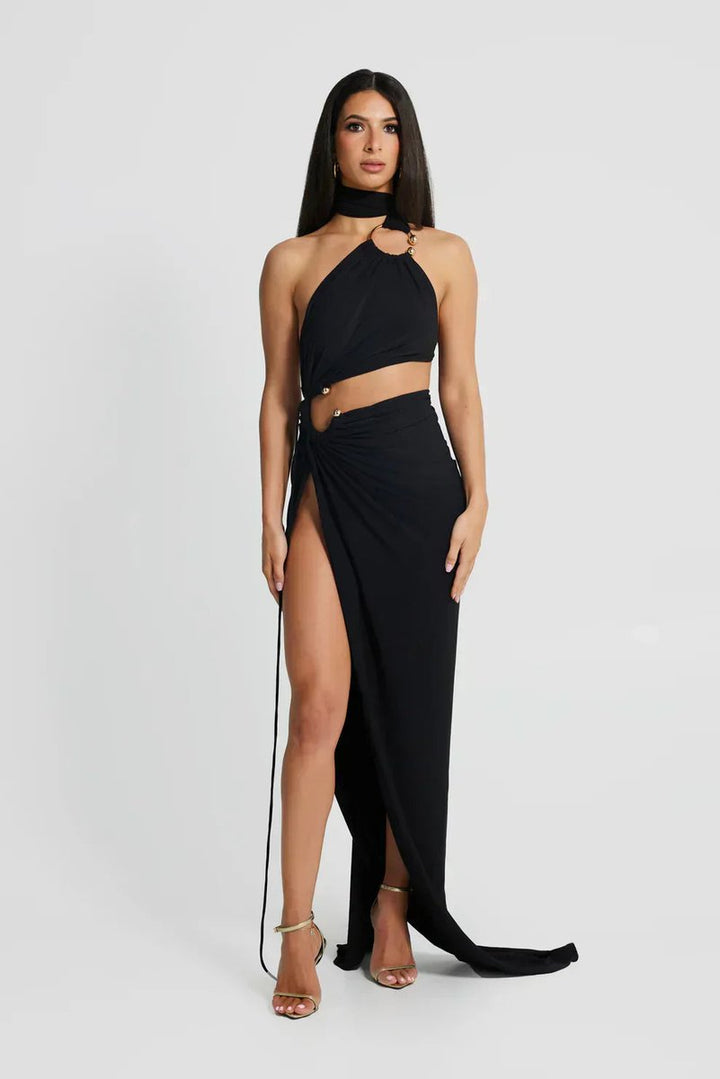 Women's Greek-Inspired Halter Cutout Fall Wedding Guest Dress Maxi