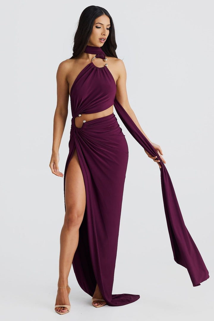 Women's Greek-Inspired Halter Cutout Fall Wedding Guest Dress Maxi