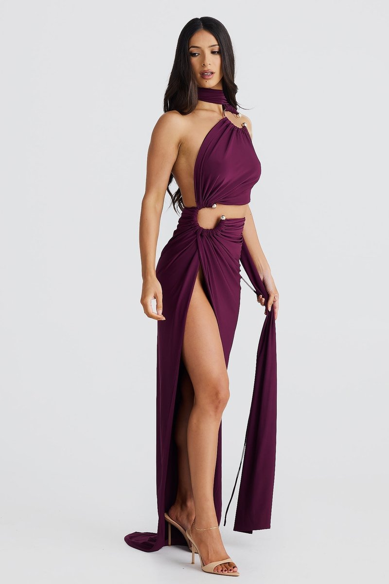 Women's Greek-Inspired Halter Cutout Fall Wedding Guest Dress Maxi