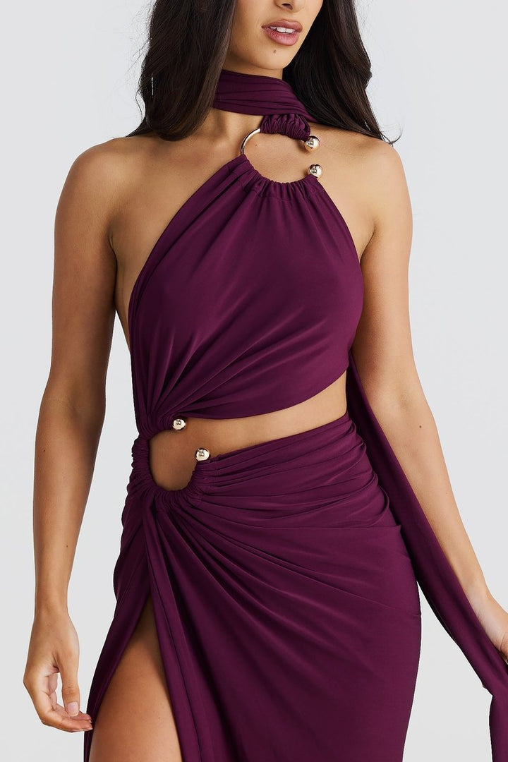 Women's Greek-Inspired Halter Cutout Fall Wedding Guest Dress Maxi