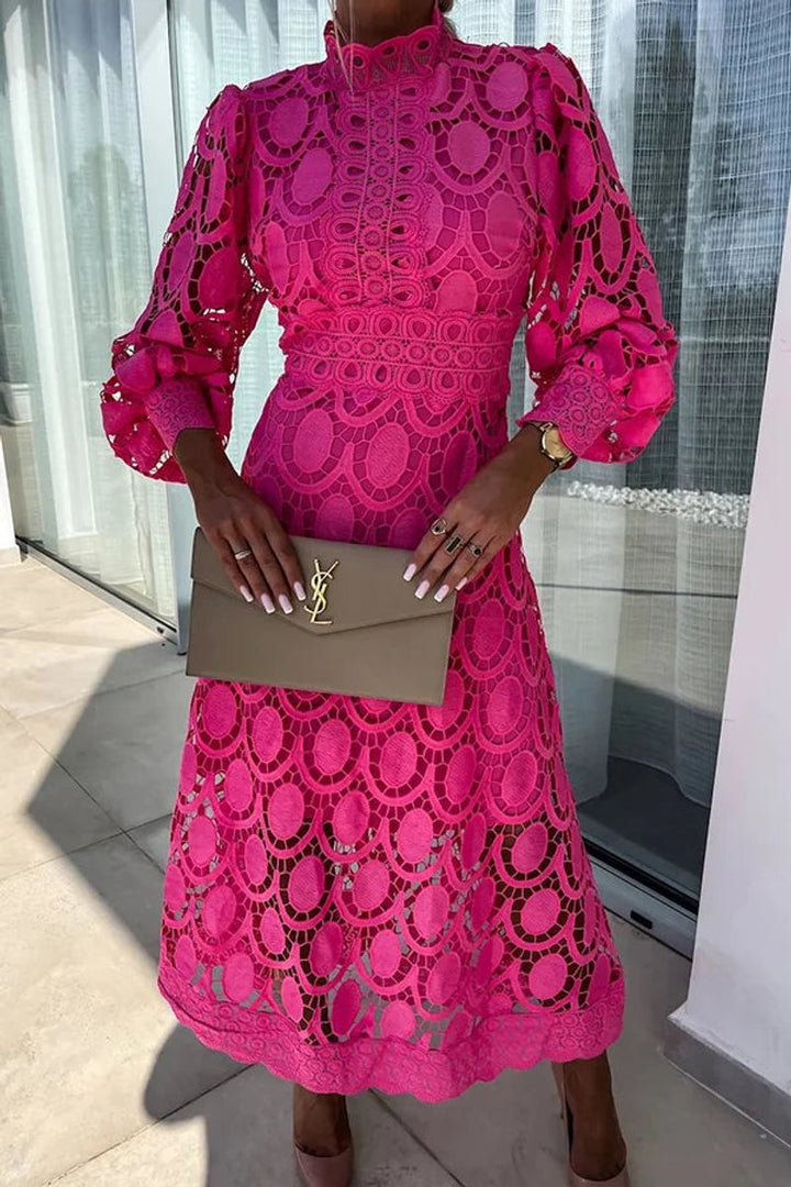 Women's Guipure Lace High-Neck Fall Midi Dress