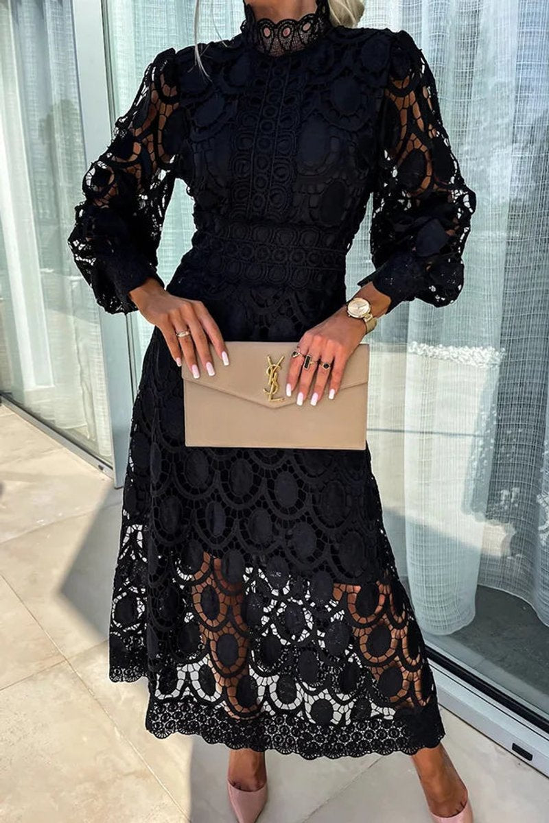 Women's Guipure Lace High-Neck Fall Midi Dress