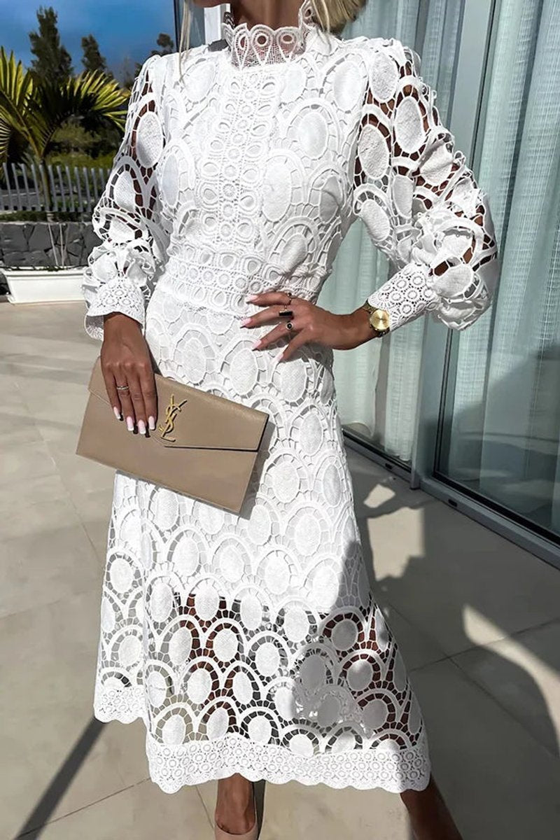 Women's Guipure Lace High-Neck Fall Midi Dress
