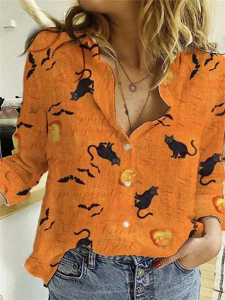 Women's Halloween Black Cat Bat Print Long Sleeve Button-Up Shirt - Orange