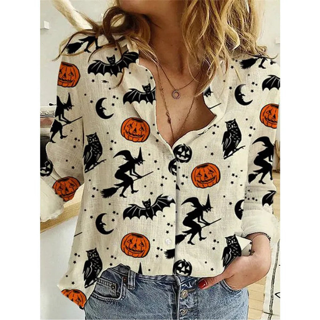 Women's Halloween Black Cat Bat Print Long Sleeve Button-Up Shirt - Cream