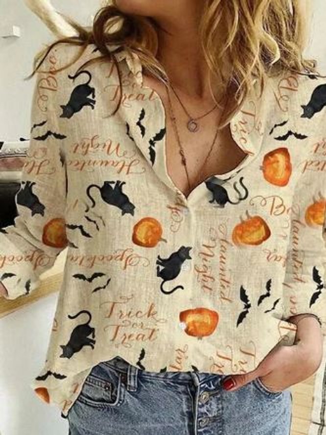 Women's Halloween Black Cat Bat Print Long Sleeve Button-Up Shirt - Beige
