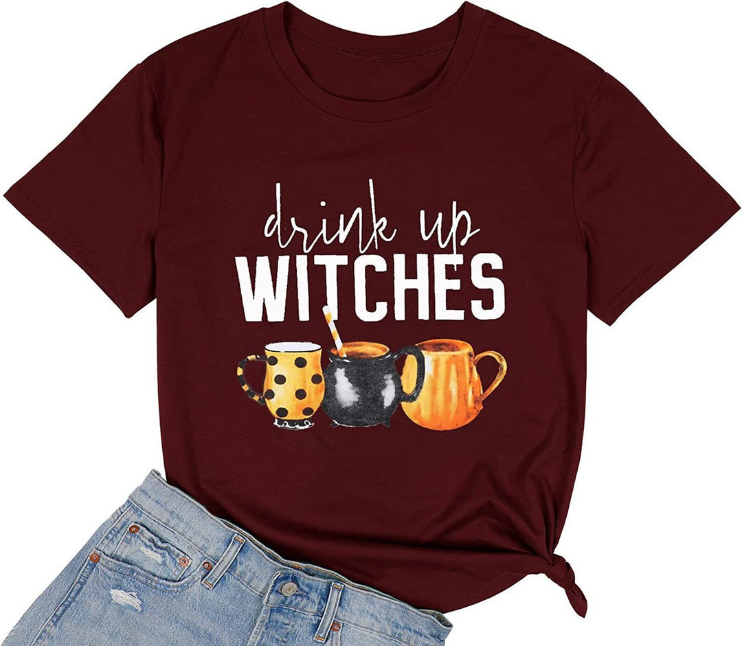 Women's Halloween Drink Up Witches Graphic Short-Sleeve T-Shirt - Burgundy