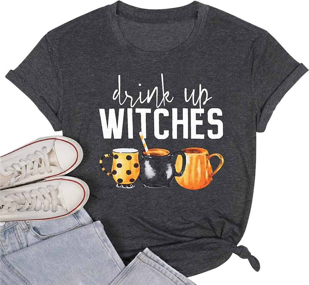 Women's Halloween Drink Up Witches Graphic Short-Sleeve T-Shirt - Black Gray