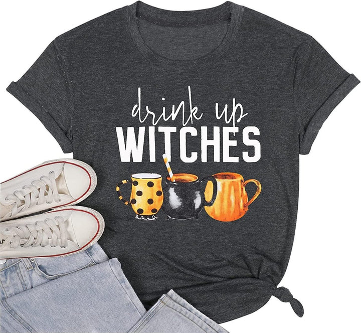 Women's Halloween Drink Up Witches Graphic Short-Sleeve T-Shirt - Black Gray