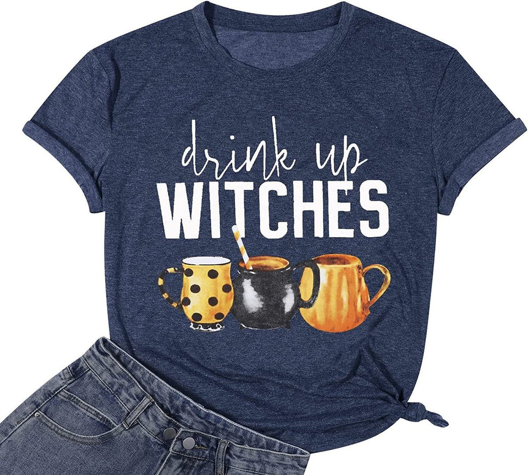 Women's Halloween Drink Up Witches Graphic Short-Sleeve T-Shirt - Navy