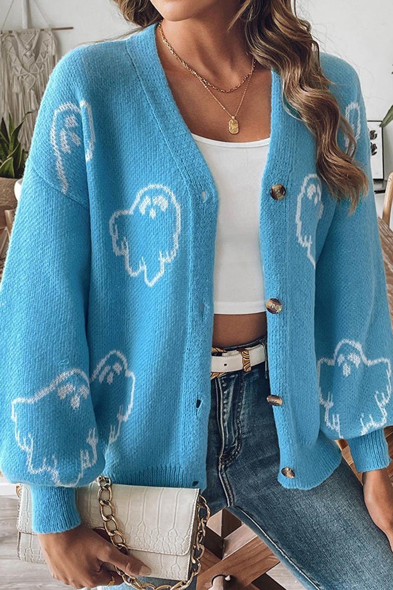 Women's Halloween Ghost Button-Front Knit Cardigan Sweater