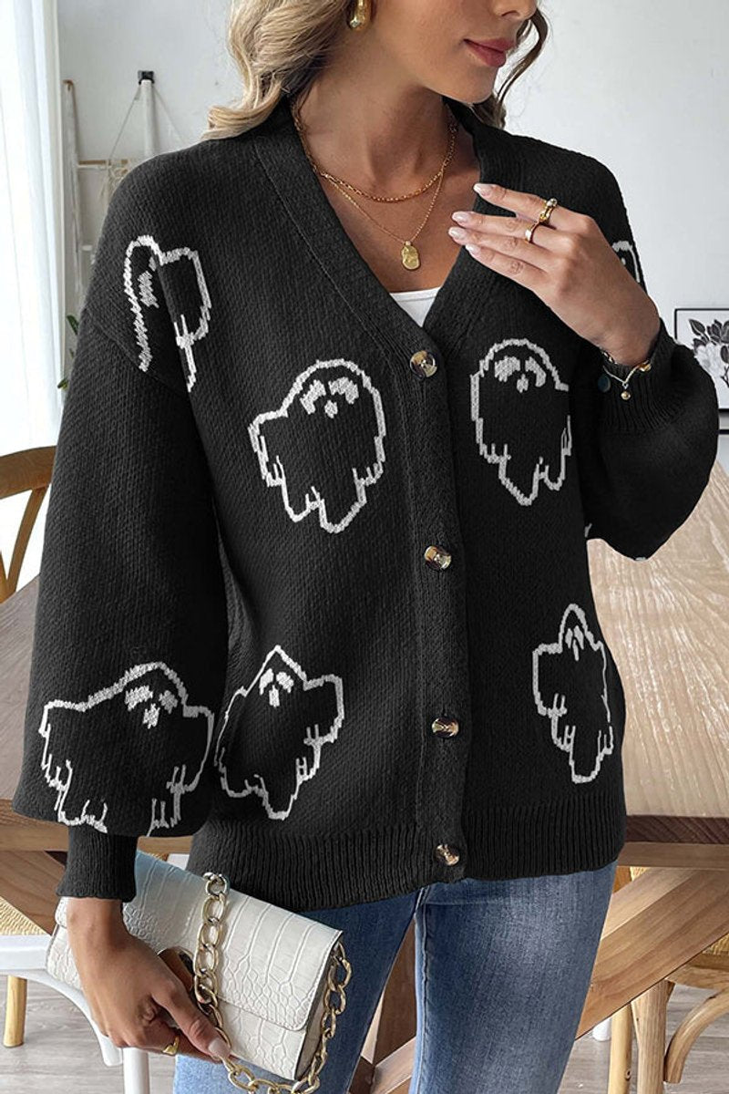 Women's Halloween Ghost Button-Front Knit Cardigan Sweater
