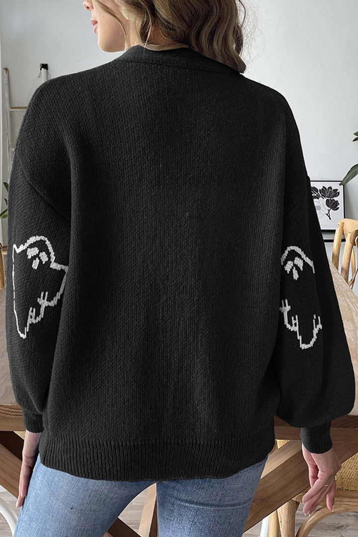 Women's Halloween Ghost Button-Front Knit Cardigan Sweater