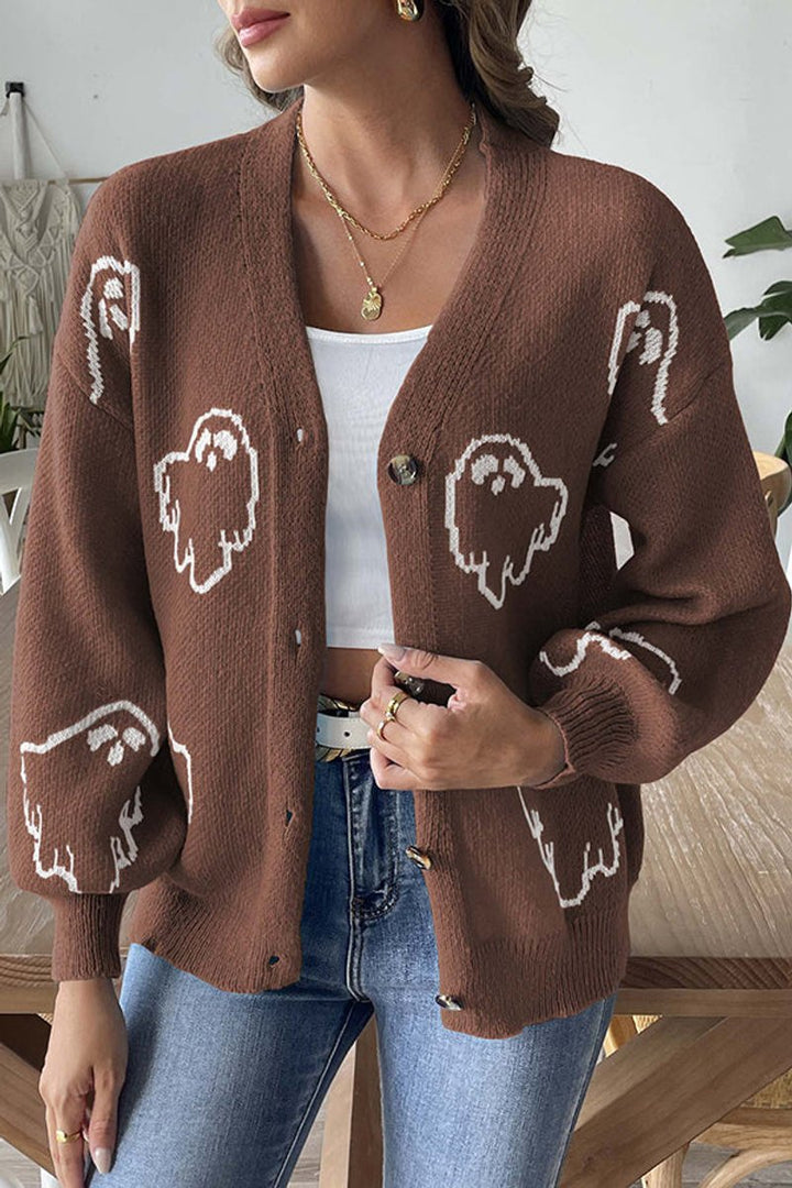 Women's Halloween Ghost Button-Front Knit Cardigan Sweater